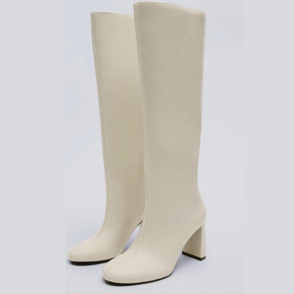 ZARA Off White Cream Knee High Heeled Leather Boots - Picture 2 of 16